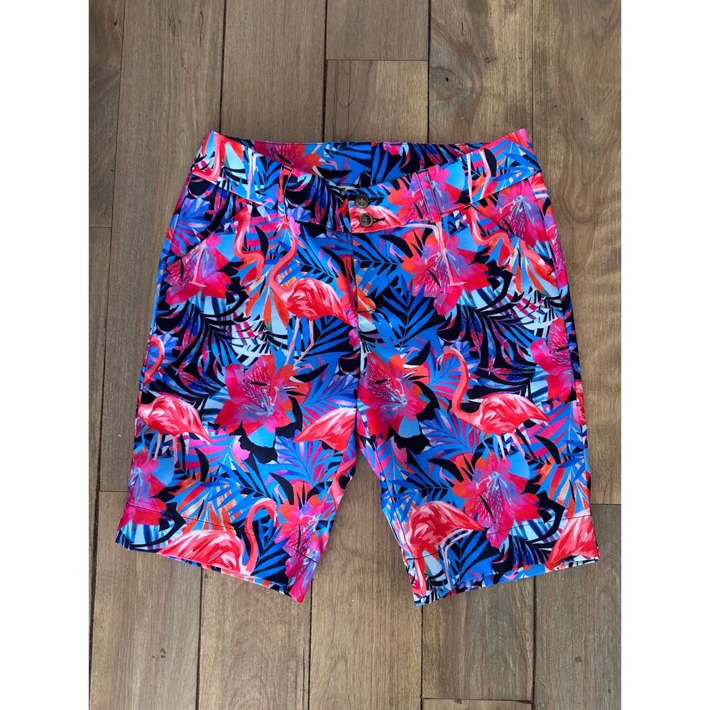 Loudmouth Golf Flamingo Tropical Floral Shorts Blue Pink Size 4